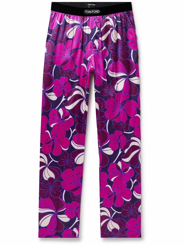 Photo: TOM FORD - Straight-Leg Velvet-Trimmed Printed Stretch-Silk Pyjama Trousers - Purple