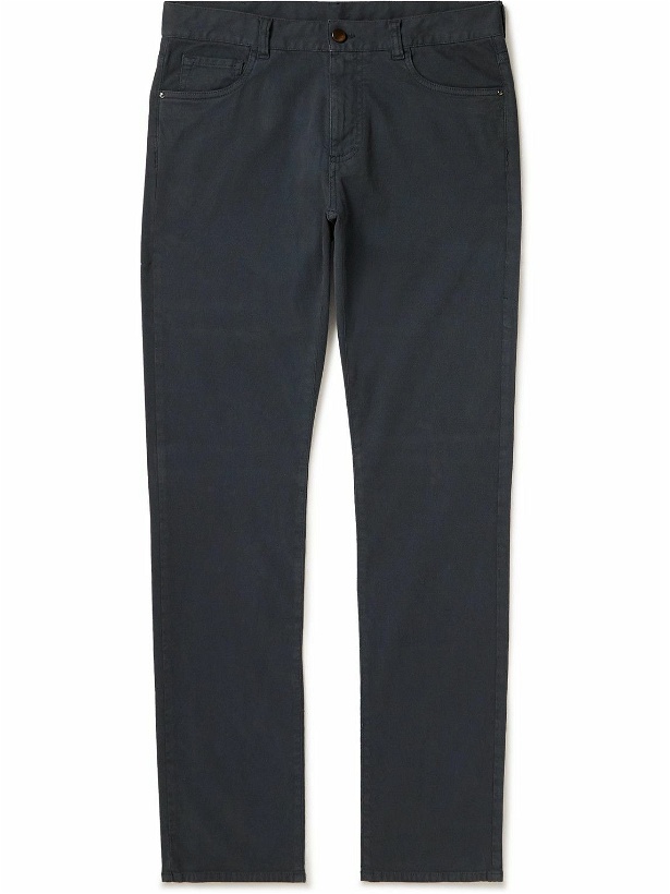 Photo: Canali - Slim-Fit Straight-Leg Garment-Dyed Stretch Cotton-Blend Trousers - Blue