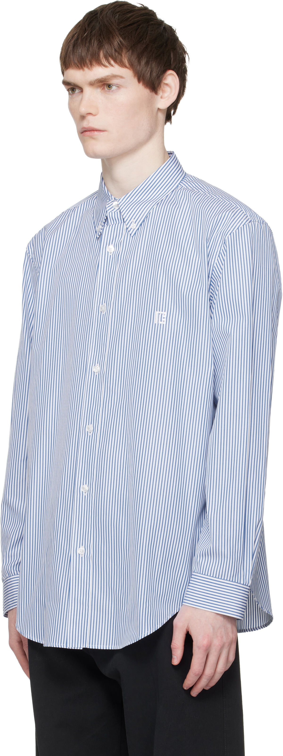 BALMAIN Blue & White Embroidered Pinstripe Popeline Regular Shirt
