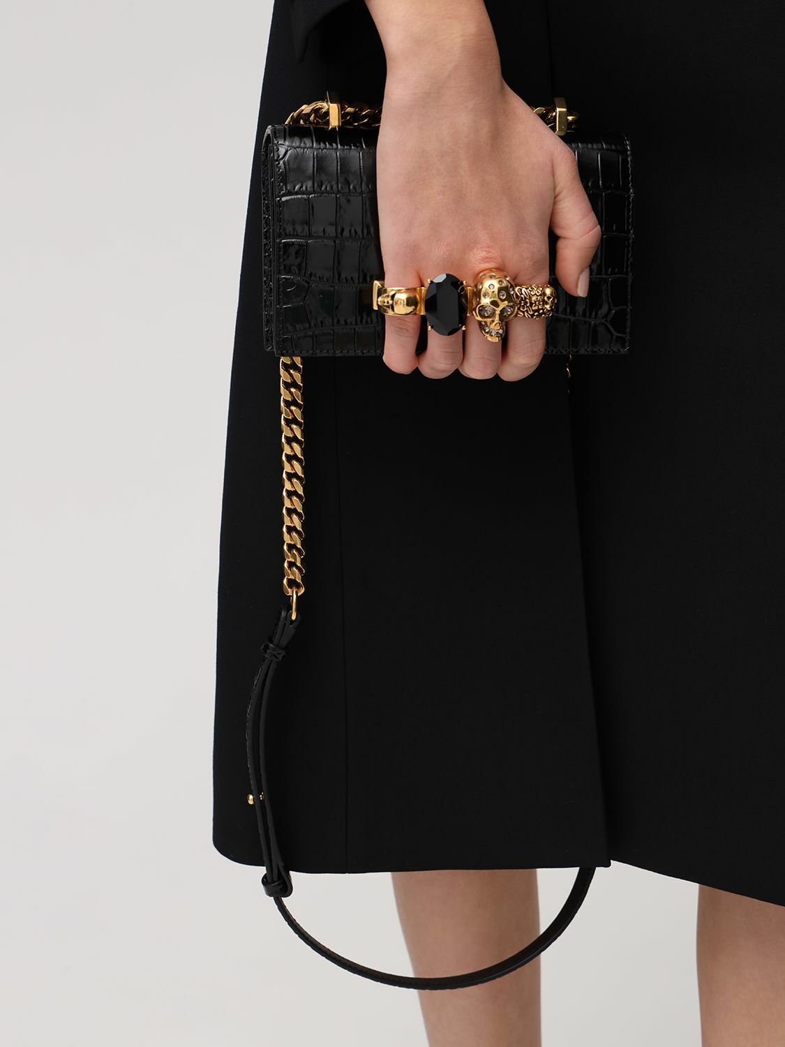 Alexander McQueen Mini Skull Croc Embossed Leather Crossbody Bag in Sand