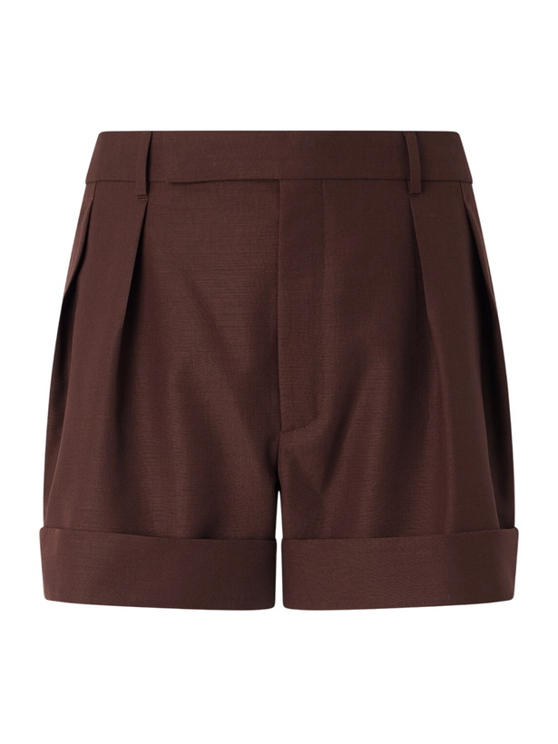 Photo: SAINT LAURENT - Straight-Leg Pleated Wool and Mohair-Blend Shorts - Brown