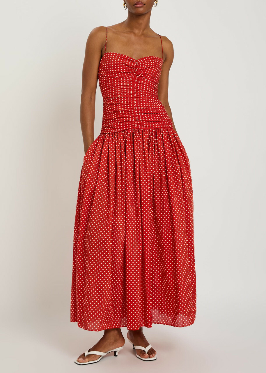 Matteau Polka dot Gathered Cotton-blend Midi Dress Red