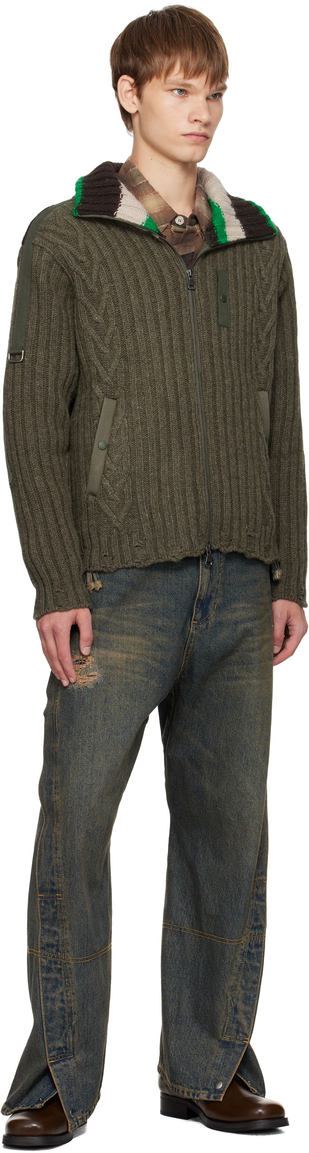 Andersson Bell Khaki Stripe High-Neck Zip-Up Sweater
