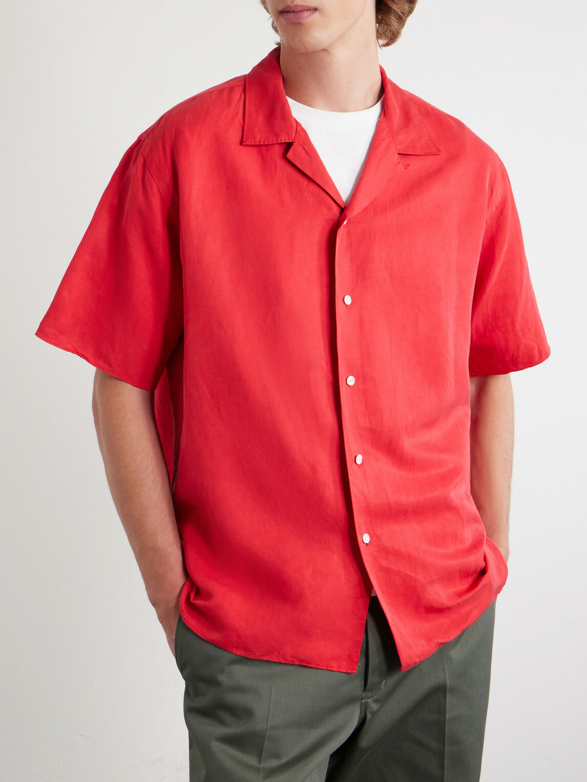 A.PRESSE - Convertible-Collar Silk and Linen-Blend Shirt - Red