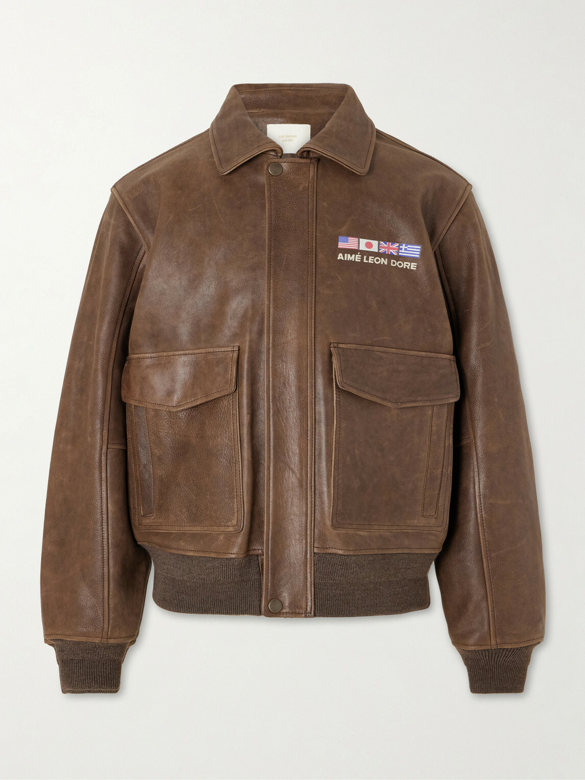Aimé Leon Dore - World's Borough Logo-Print Leather Jacket - Brown