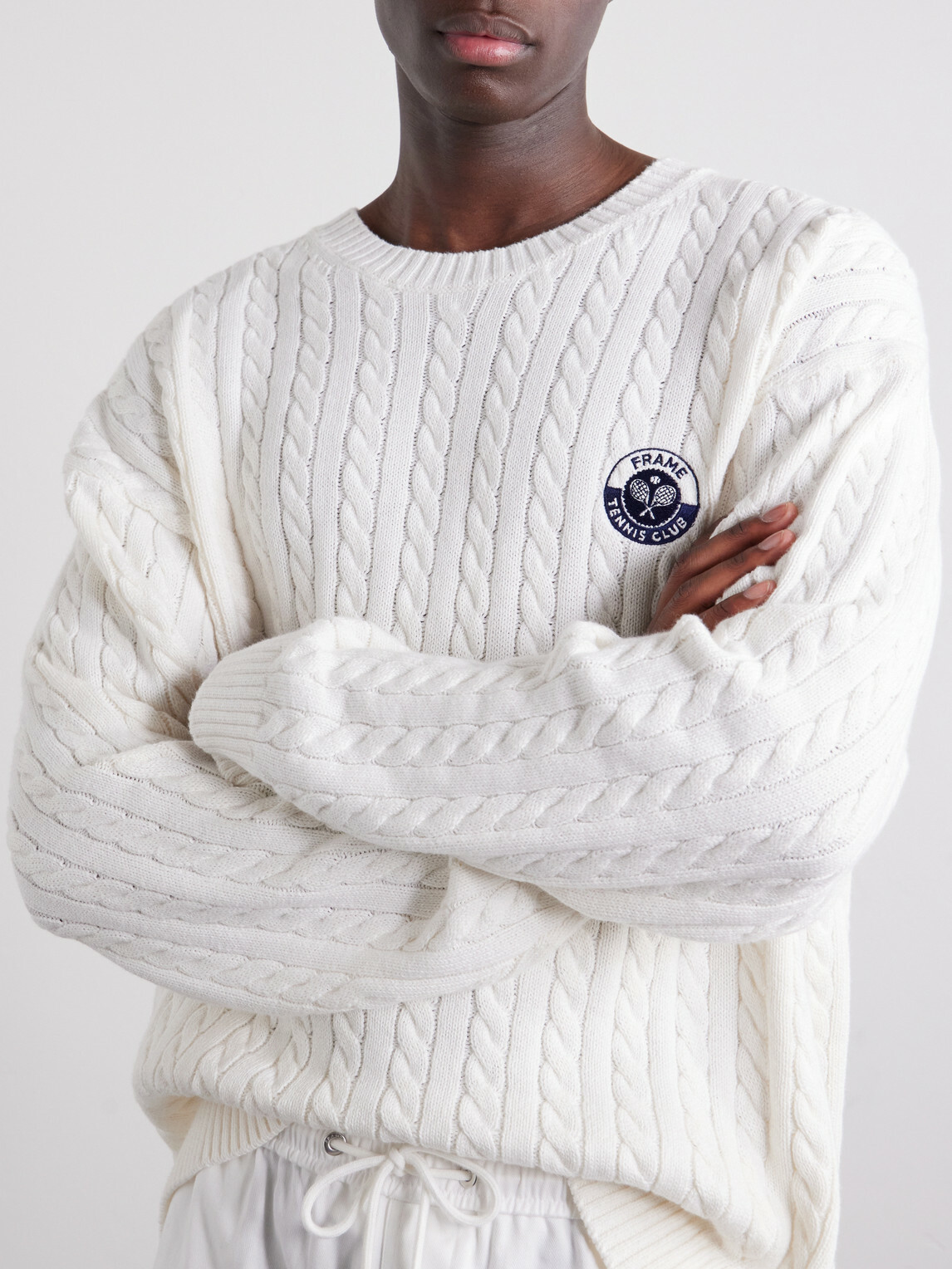 FRAME - Logo-Embroidered Cable-Knit Cotton and Wool-Blend Sweater - Neutrals