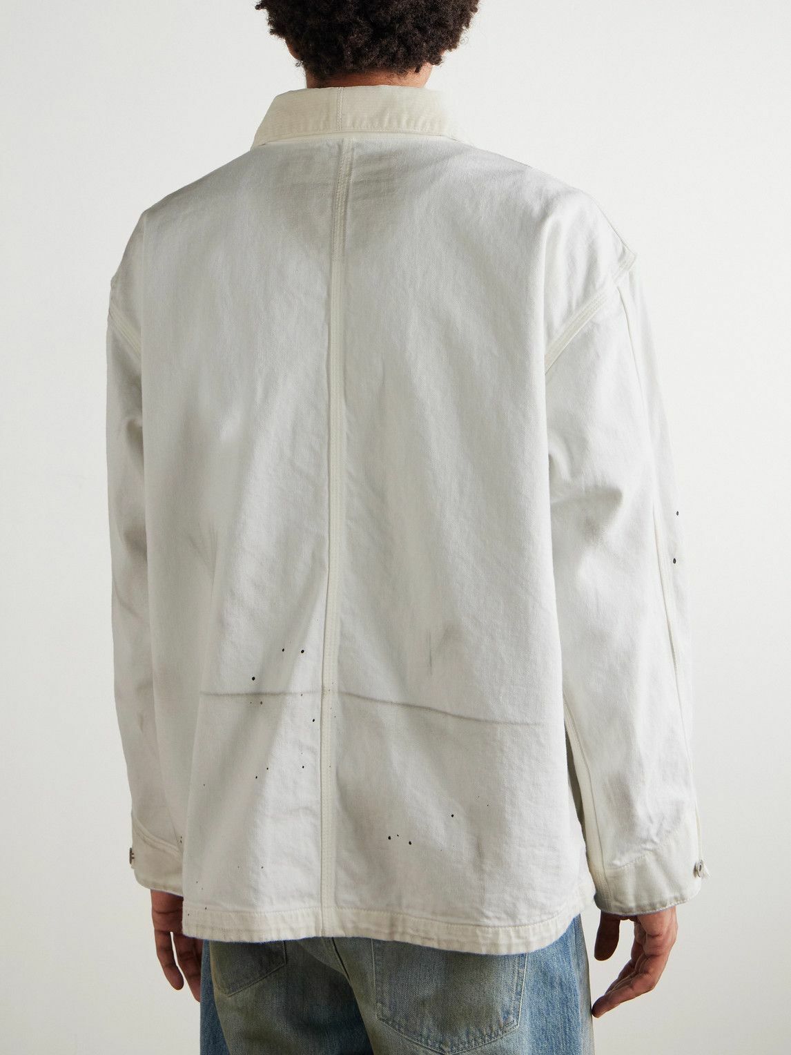 Neighborhood - Corduroy-Trimmed Paint-Splattered Denim Jacket - White