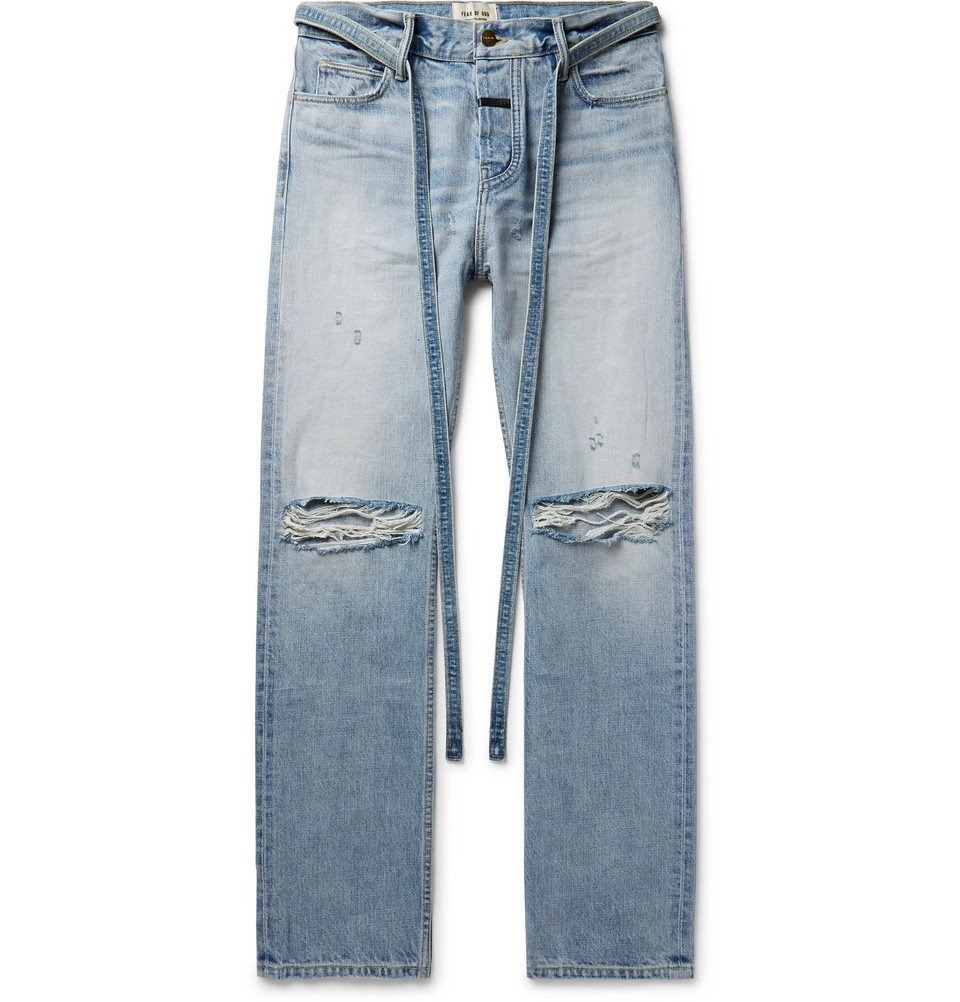 Fear of God - Belted Distressed Selvedge Denim Jeans - Light denim 
