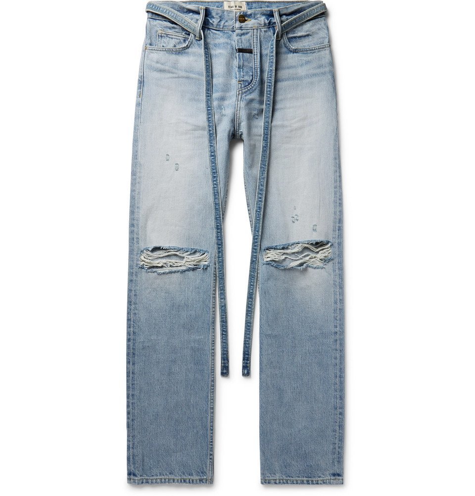 Fear of God - Belted Distressed Selvedge Denim Jeans - Light denim