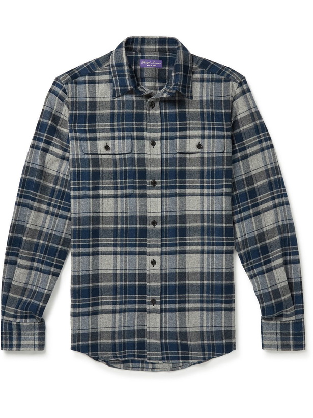 Photo: Ralph Lauren Purple label - Suede-Trimmed Checked Cotton-Flannel Shirt - Blue