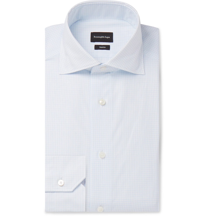 Photo: Ermenegildo Zegna - Light-Blue Cutaway-Collar Checked Cotton-Poplin Shirt - Blue