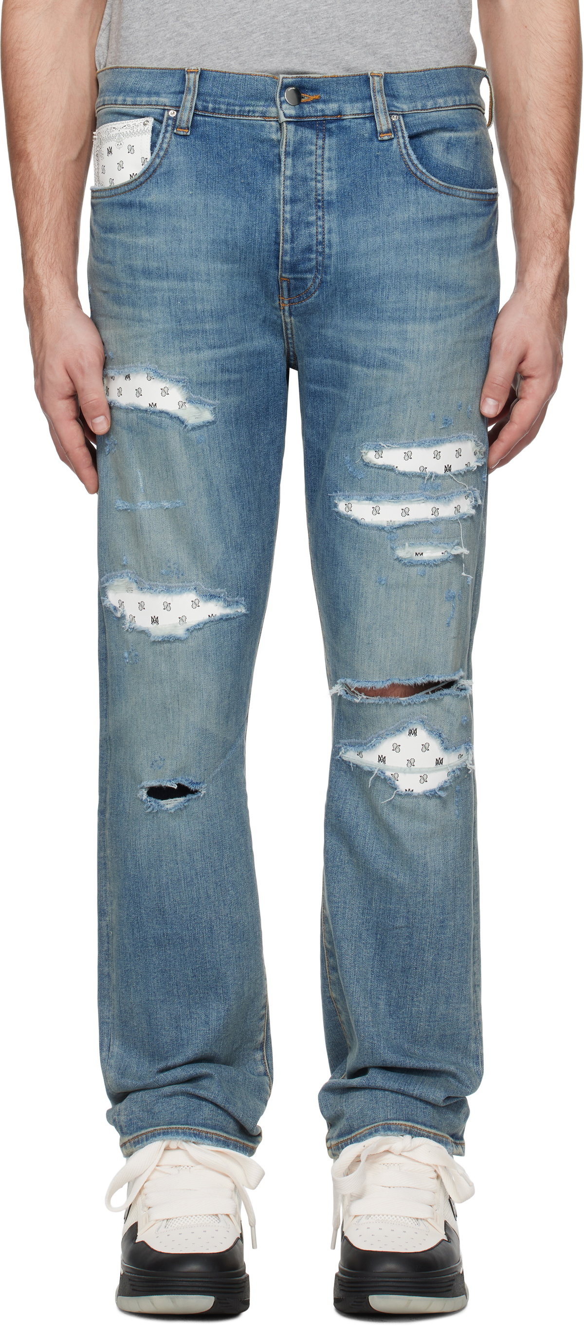 アミリ Amiri Leather Bandana Repaired Slim Jeans Blue Leather Bandana Repaired Slim Jeans by AMIRI on Sale