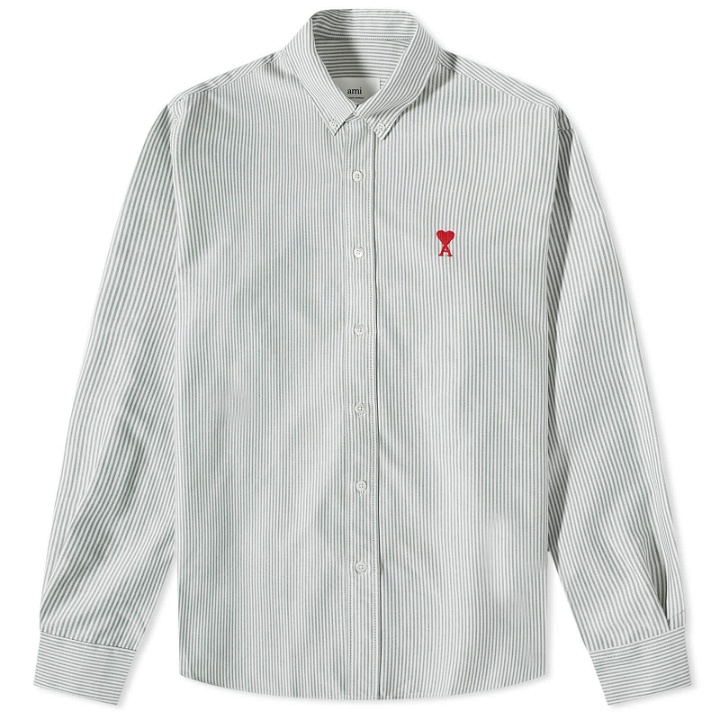 Photo: AMI Men's Heart Striped Button Down Oxford Shirt in Evergreen/White