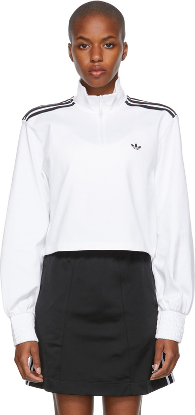 Photo: adidas Originals White Smocked Cuff Cropped Half-Zip Sweatshirt