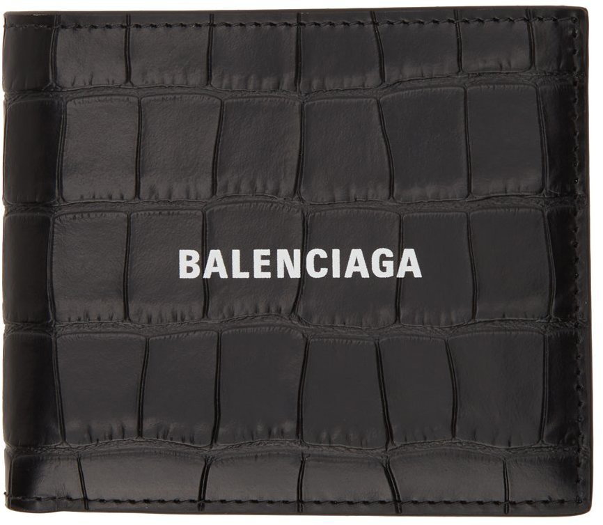 Balenciaga Black Croc Square Folded Cash Coin Balenciaga