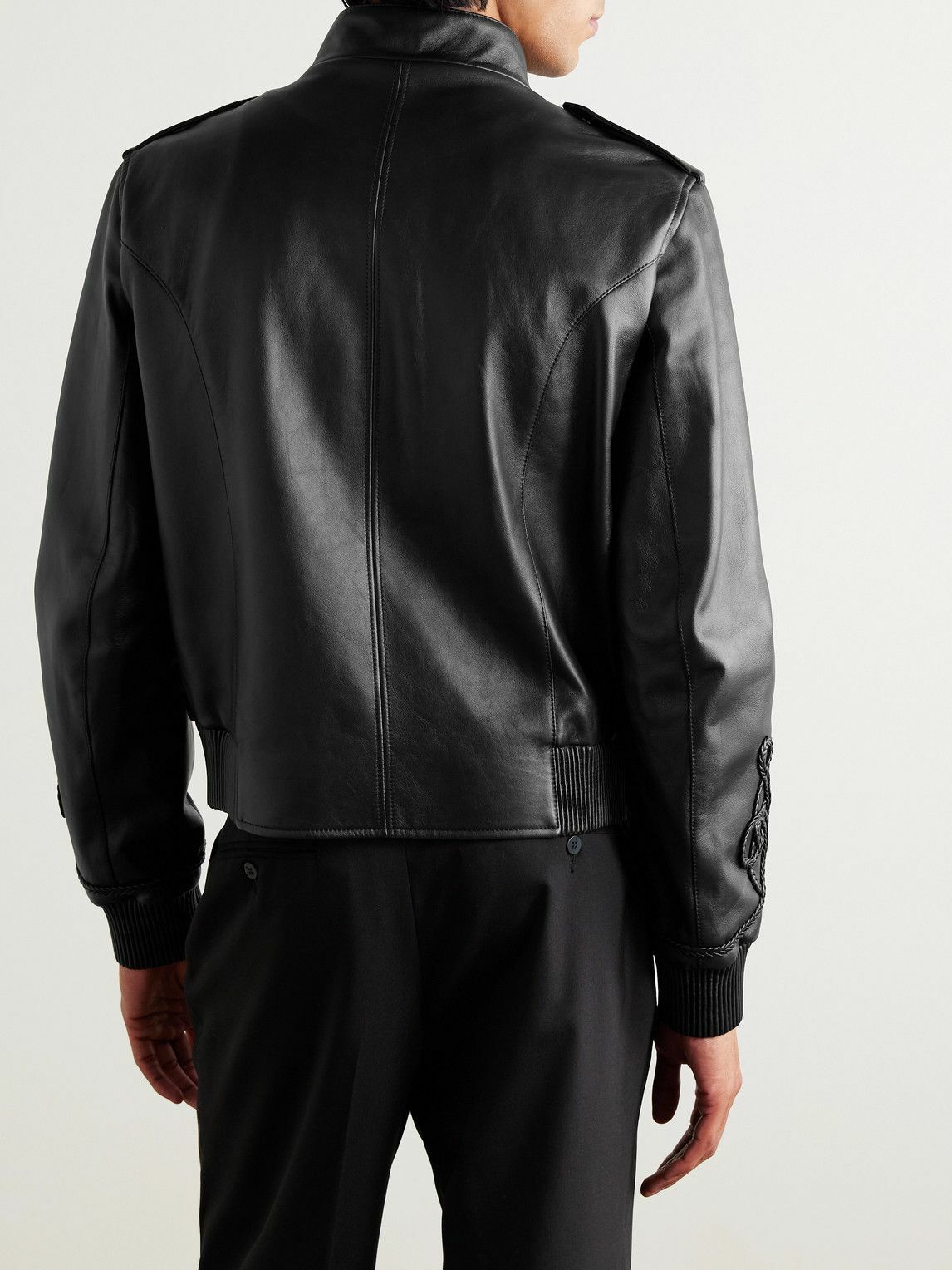 McQueen - Appliquéd Leather Bomber Jacket - Black
