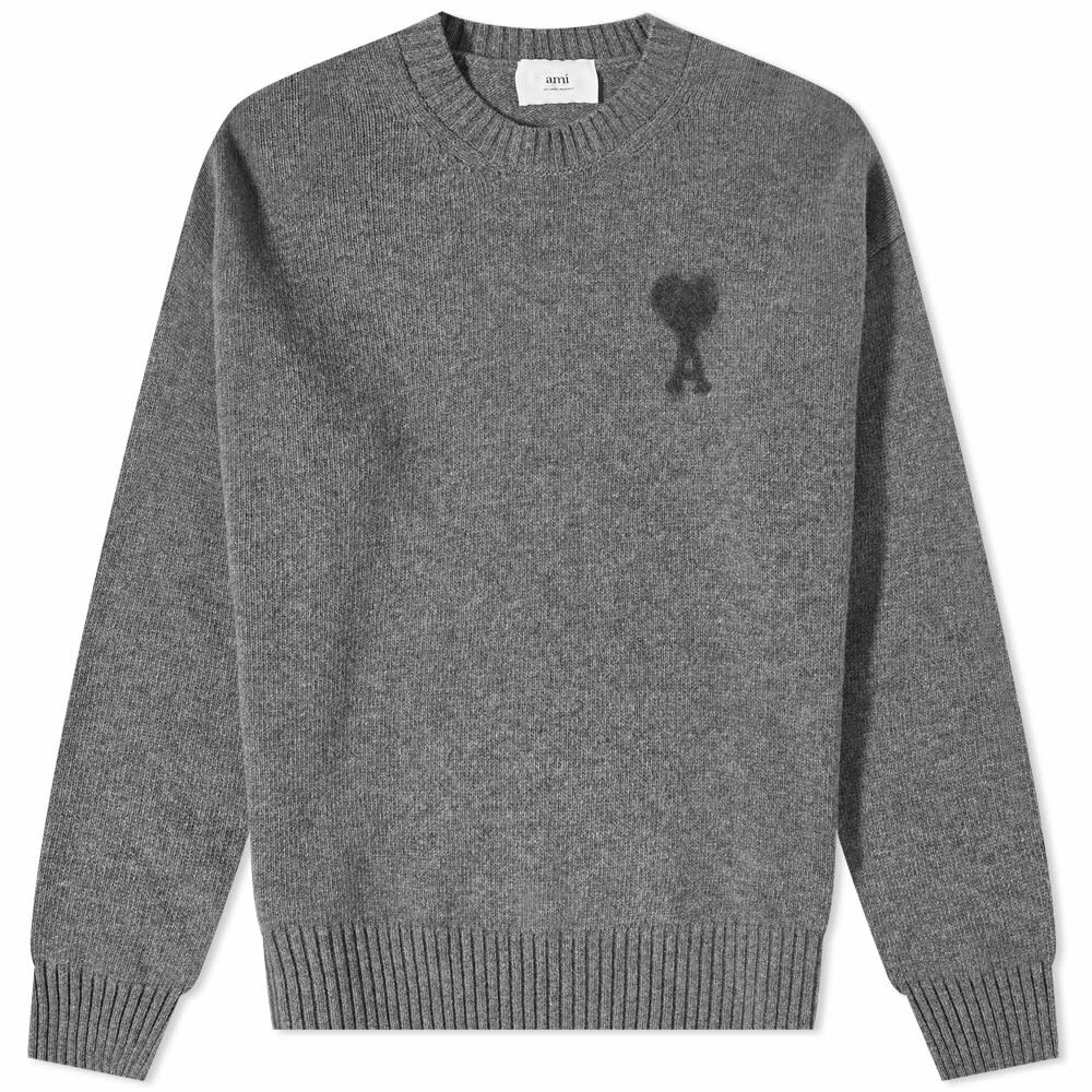 AMI Men's Tonal Small A Heart Crew Knit in Heather Grey AMI