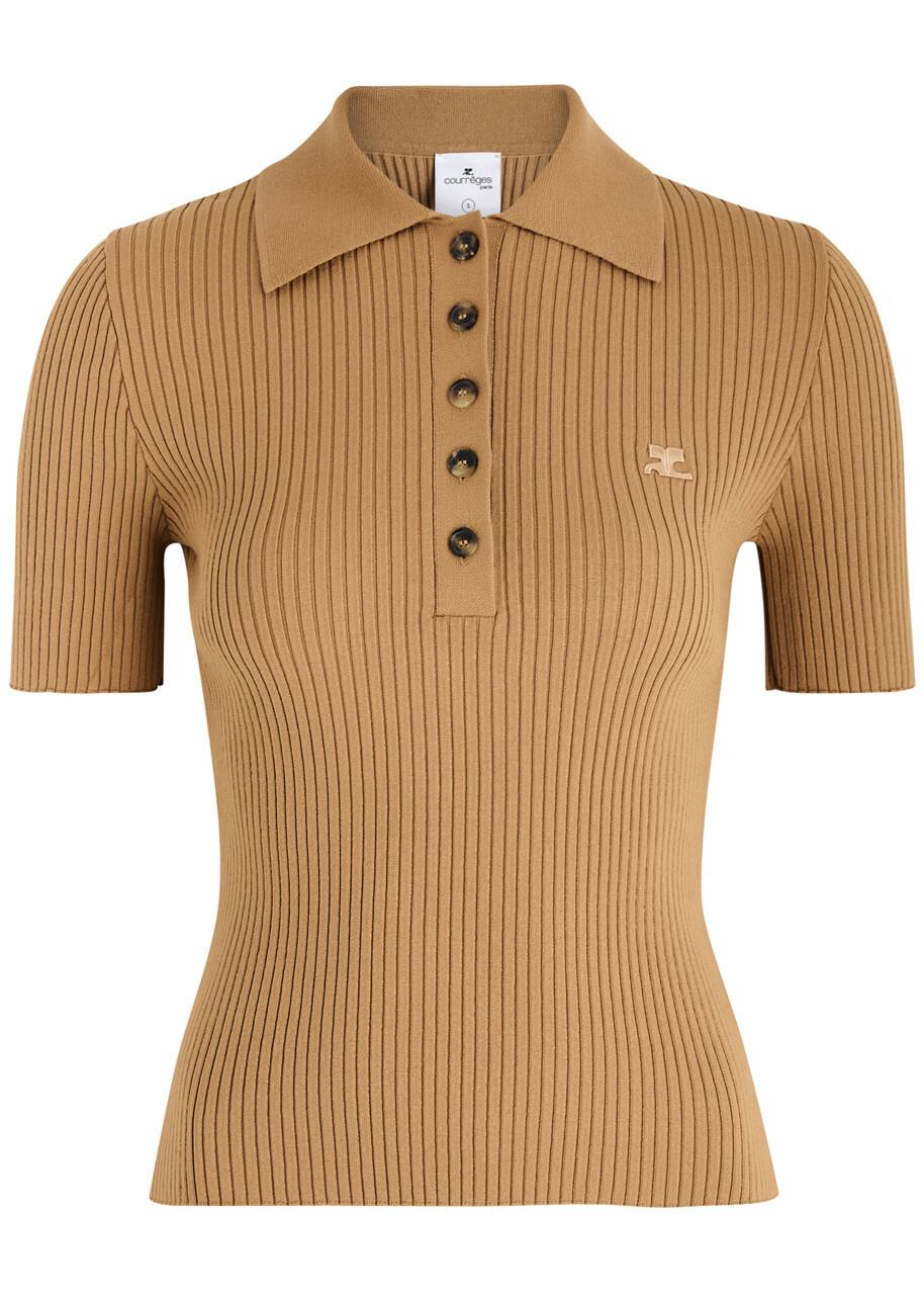 Courrèges Logo Ribbed-knit Polo Shirt Beige Courreges