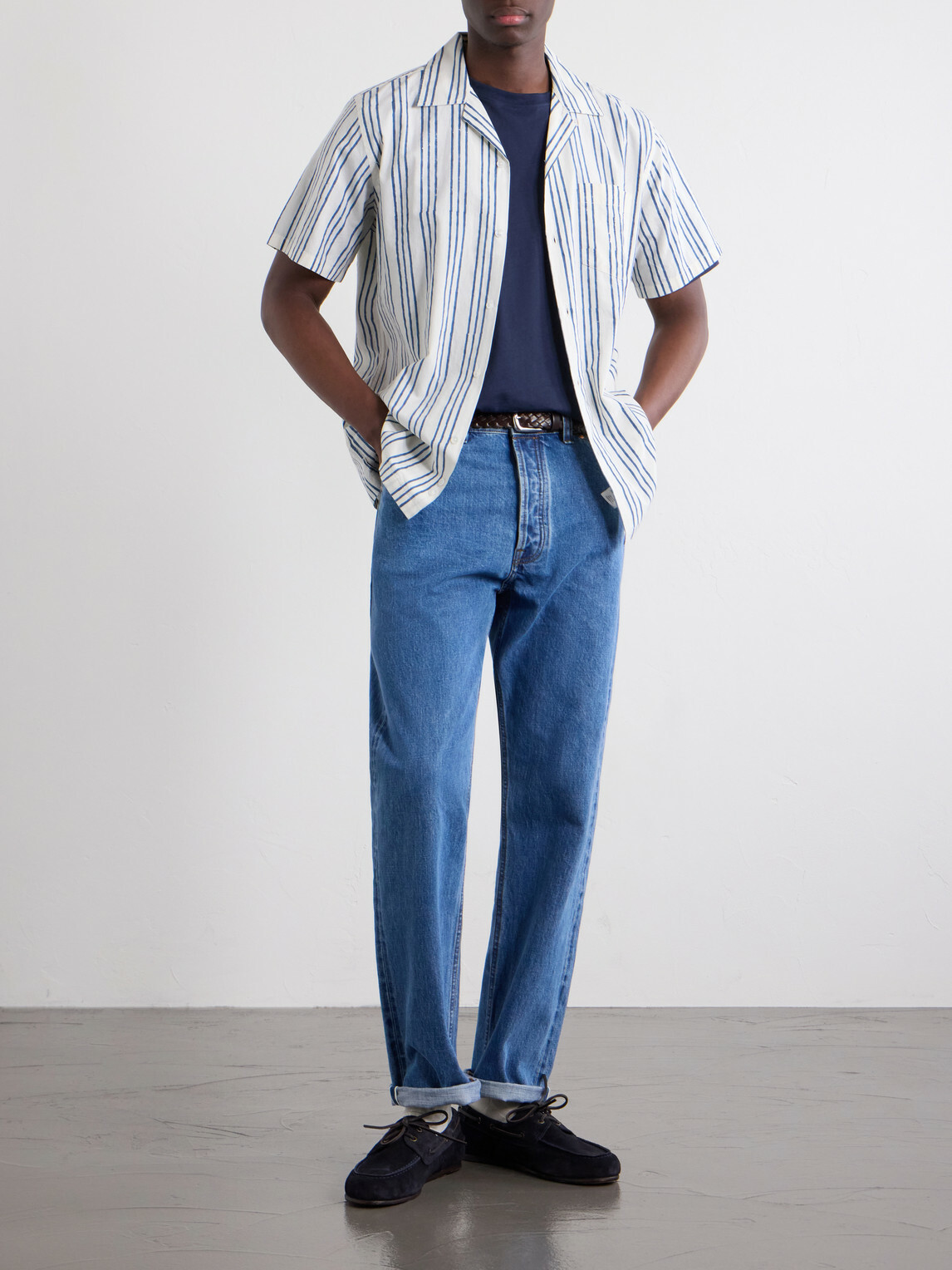 Drake's - Camp-Collar Striped Cotton-Poplin Shirt - Blue