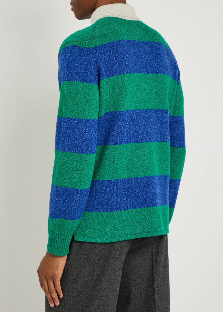 Begg & CO Hooped Striped Cashmere Polo Jumper Blue