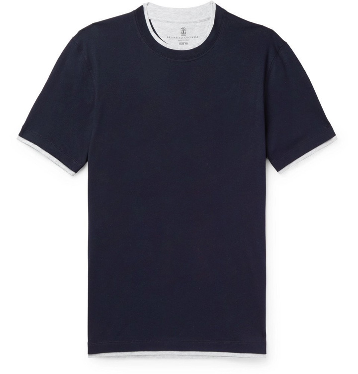 Photo: Brunello Cucinelli - Slim-Fit Layered Cotton-Jersey T-Shirt - Navy