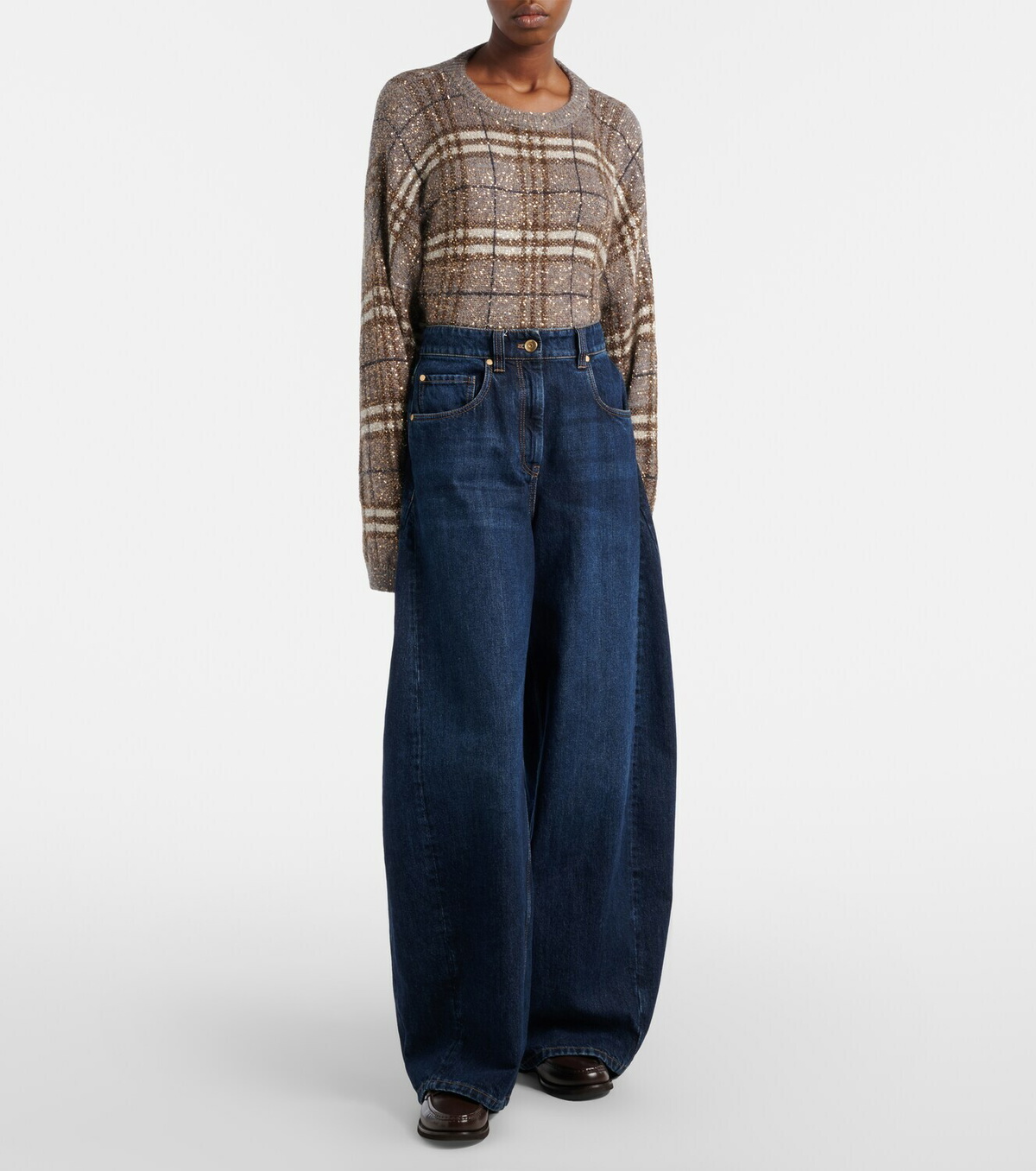 Brunello Cucinelli Leather-trimmed barrel-leg jeans