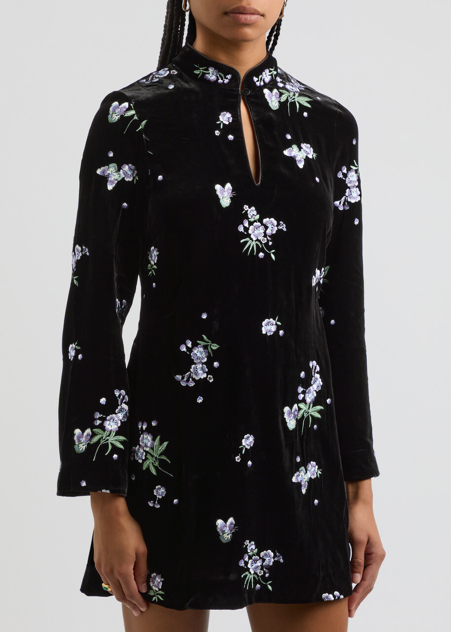 Rixo Calla Floral-embroidered Velvet Mini Dress Black Rixo