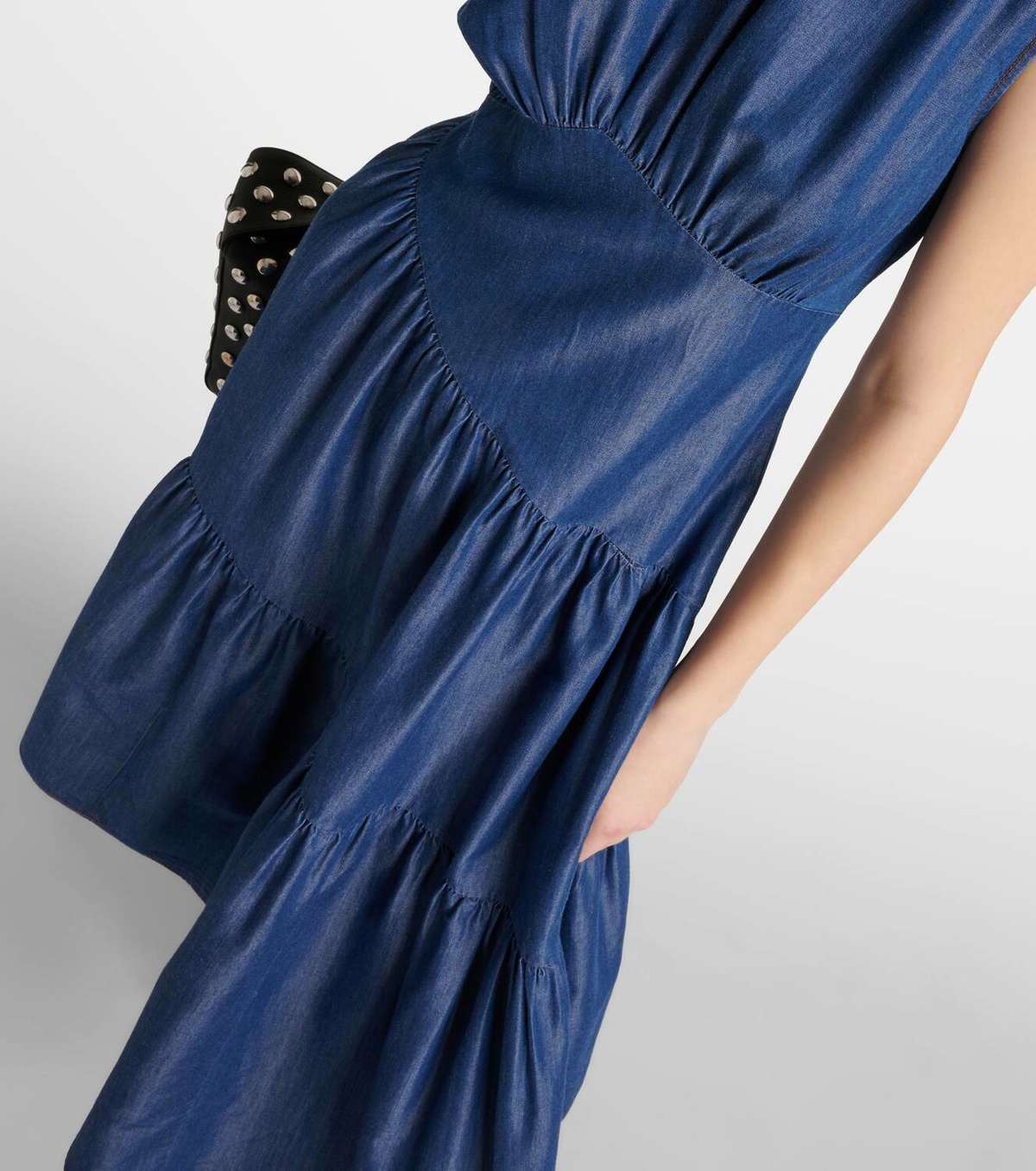 Denim Front Tie Tiered Midi Dress main image 1