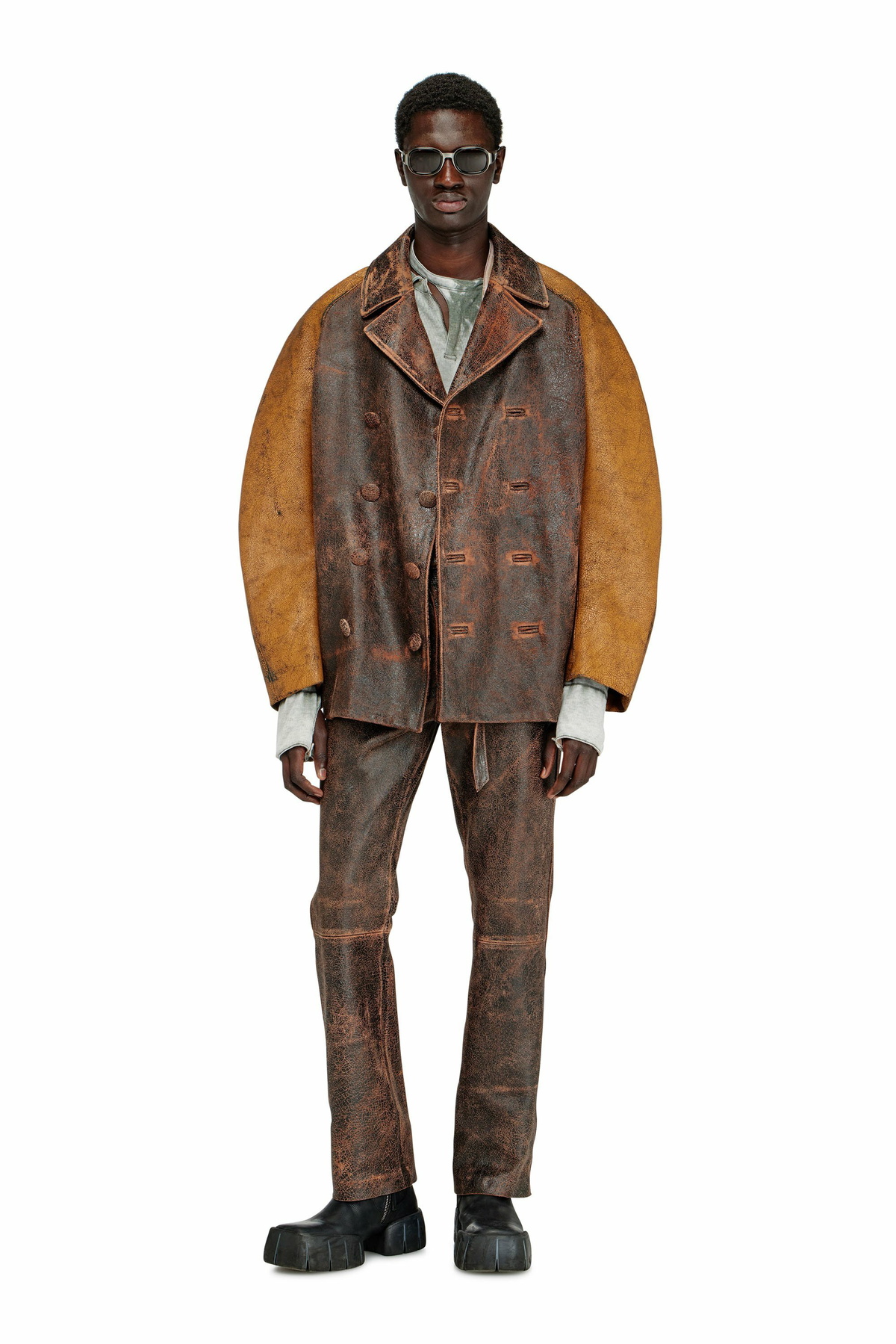 Diesel Cocoon peacoat in crackle leather - Leather jackets Mens in Brown