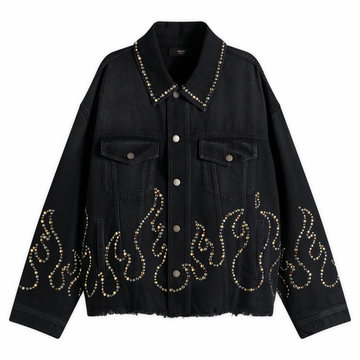 Photo: Amiri Men's Studs Flames Studded Trucker Jacket in Vintage Black