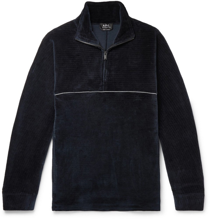 Photo: A.P.C. - Bike Ribbed Cotton-Velvet Half-Zip Sweatshirt - Men - Navy