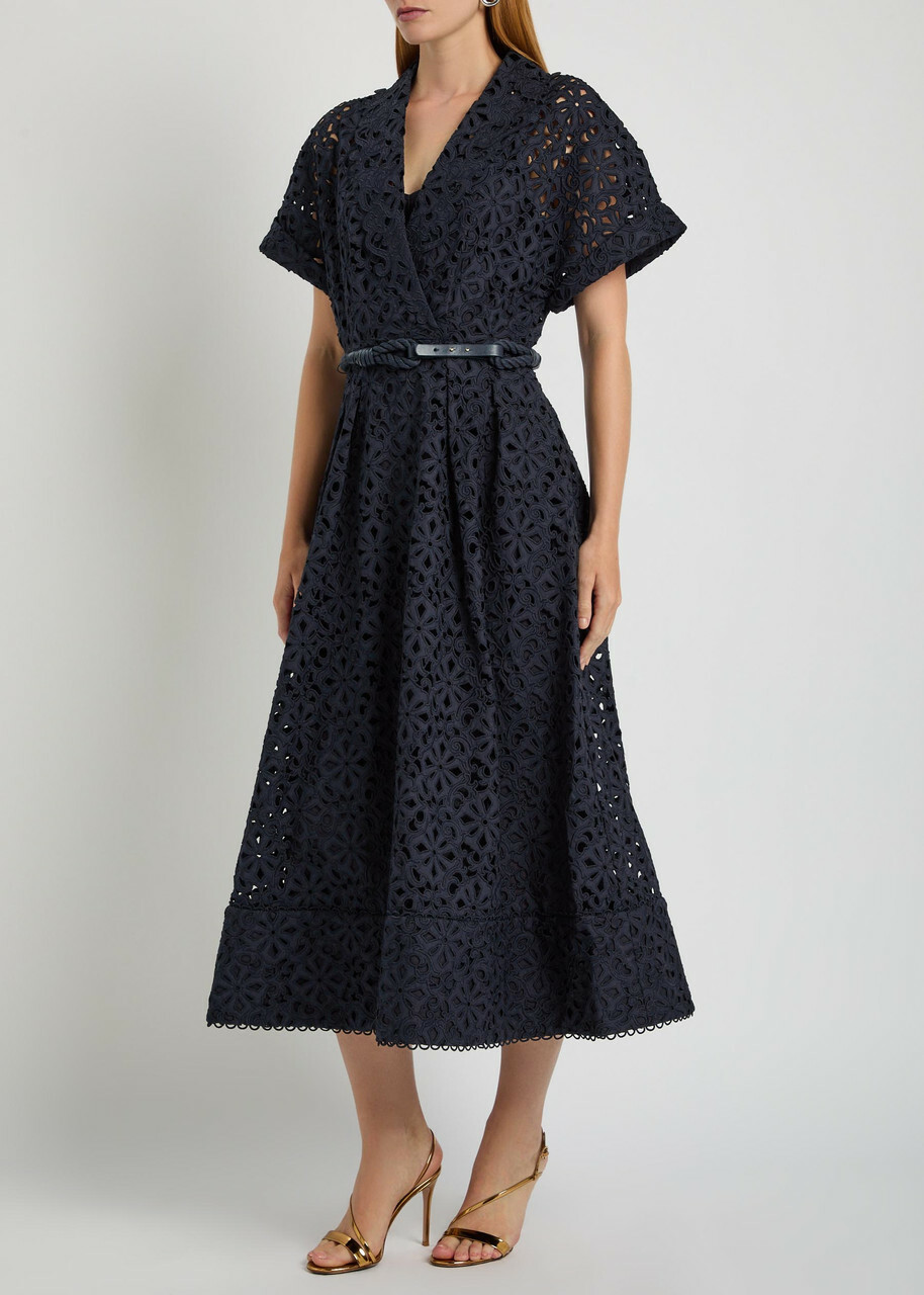 Rebecca Vallance Antalya Embroidered Belted Cotton Midi Dress Navy