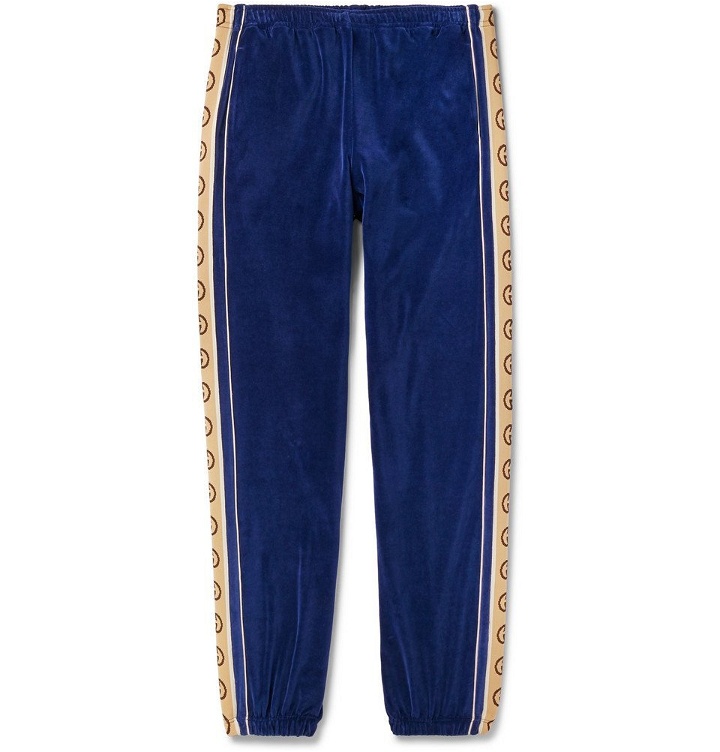 Photo: Gucci - Tapered Logo-Appliquéd Webbing-Trimmed Piped Velvet Sweatpants - Blue