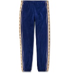 Gucci - Tapered Logo-Appliquéd Webbing-Trimmed Piped Velvet Sweatpants - Blue