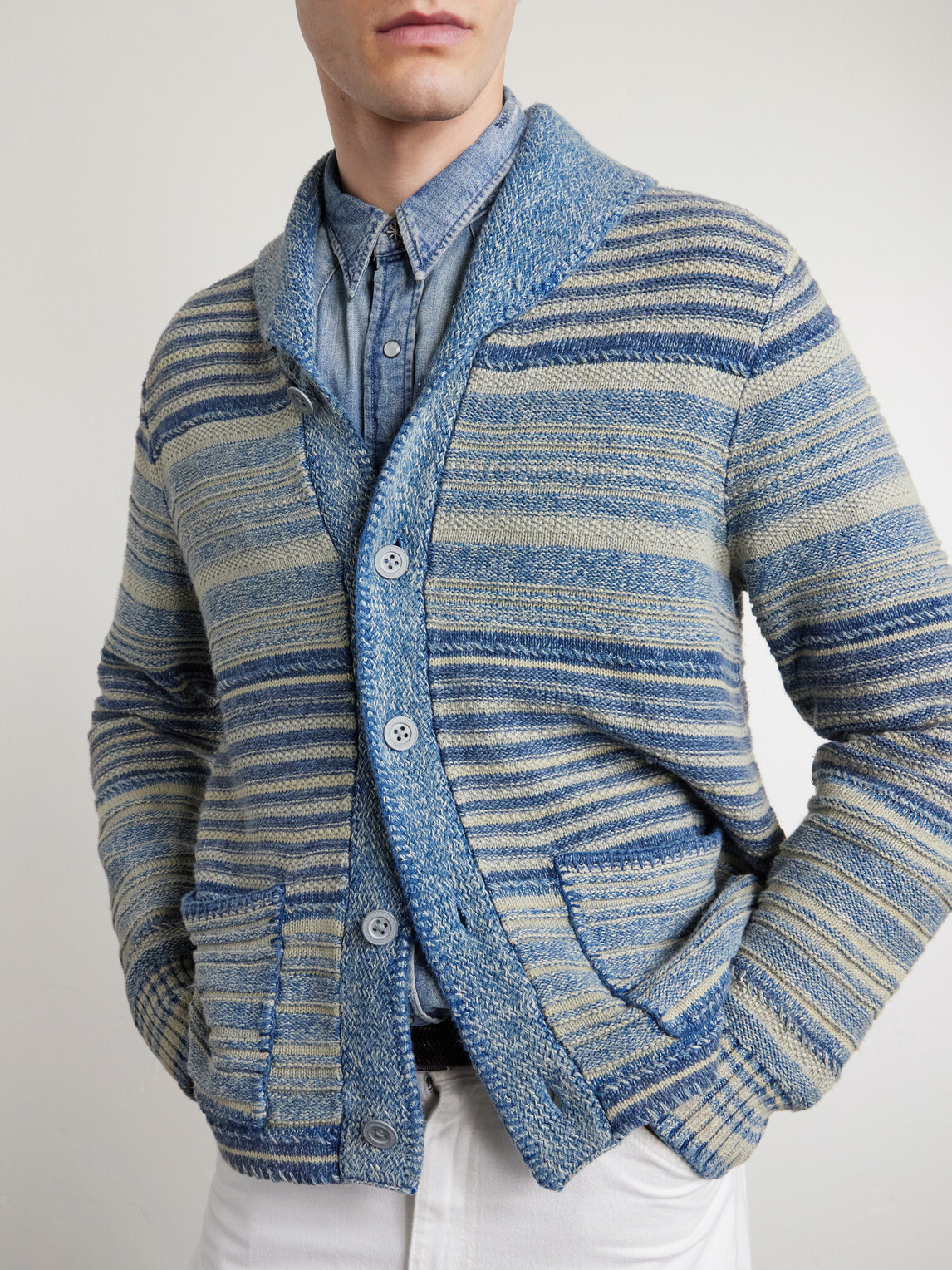 RRL - Shawl-Collar Striped Cotton and Linen-Blend Cardigan - Blue