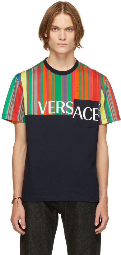 Photo: Versace Navy GV Pinstripe T-Shirt
