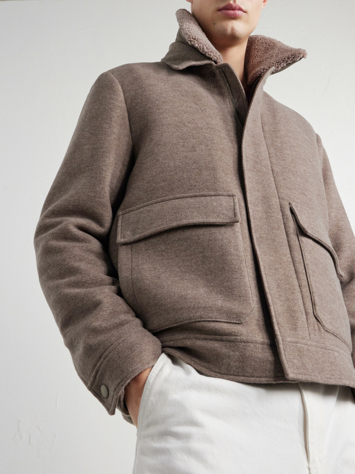 Canali - Shearling-Trimmed Wool and Cashmere-Blend Bomber Jacket - Neutrals