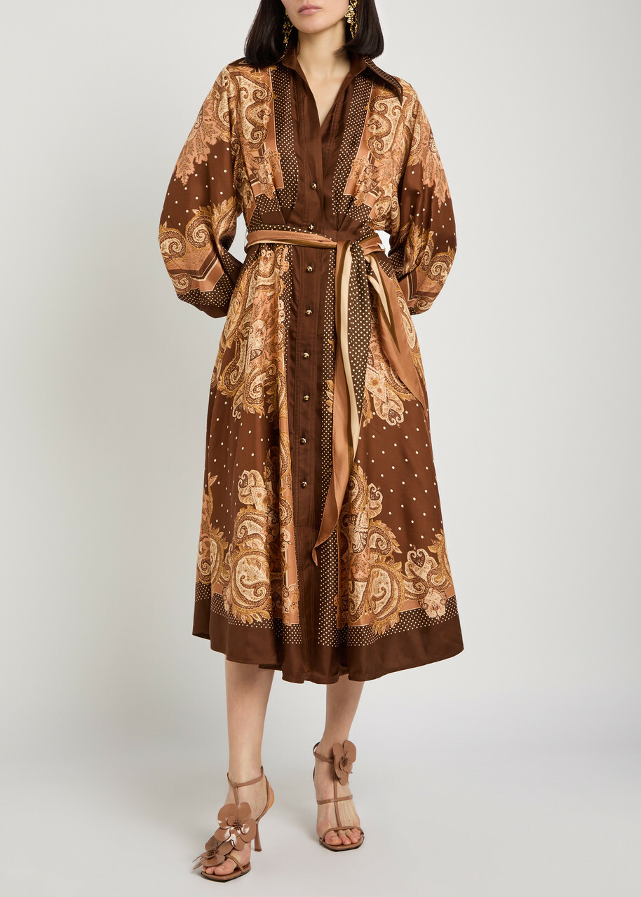Zimmermann Luna Printed Belted Silk Midi Shirt Dress Brown