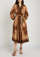 Zimmermann Luna Printed Belted Silk Midi Shirt Dress Brown