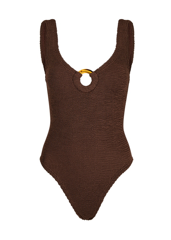 Photo: Hunza G - Celine Cut-Out Seersucker Swimsuit, Chocolate, One Size, V-Neck, Cut-Out Ring Detail, Machine Wash, Hunza G Brown Swimsuit