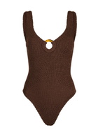 Hunza G - Celine Cut-Out Seersucker Swimsuit, Chocolate, One Size, V-Neck, Cut-Out Ring Detail, Machine Wash, Hunza G Brown Swimsuit
