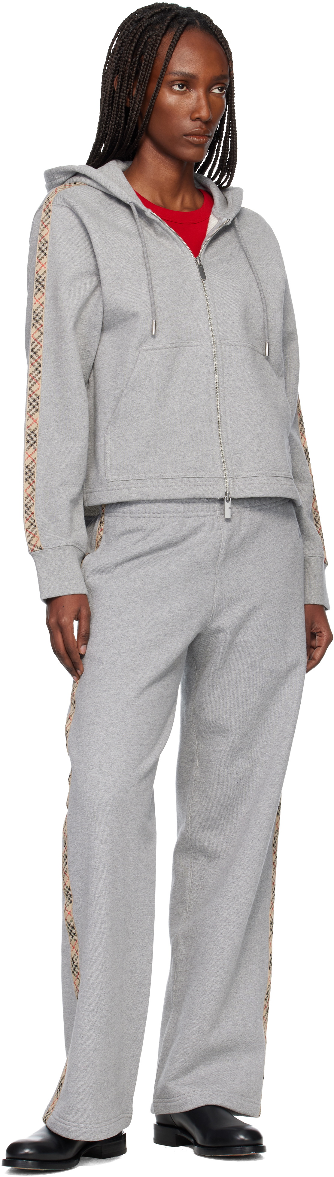 Burberry Gray Check Trim Cotton Zip Hoodie