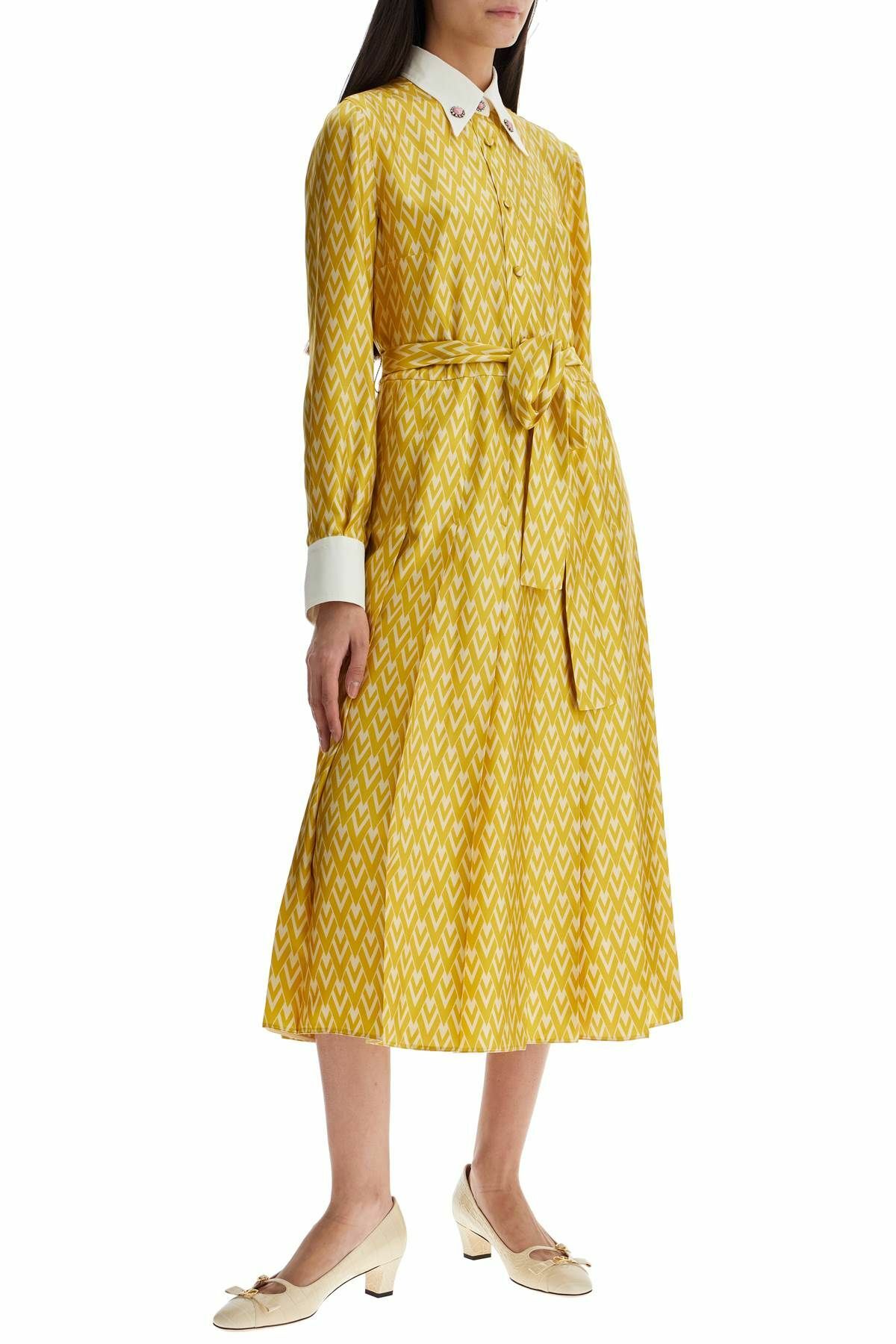VALENTINO GARAVANI long yellow ochre silk dress with zig-zag pattern Yellow