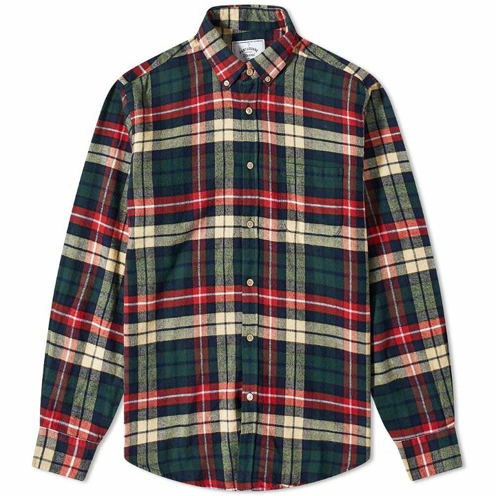 Photo: Portuguese Flannel Men's Fantos Button Down Check Shirt in Green/Navy/Red