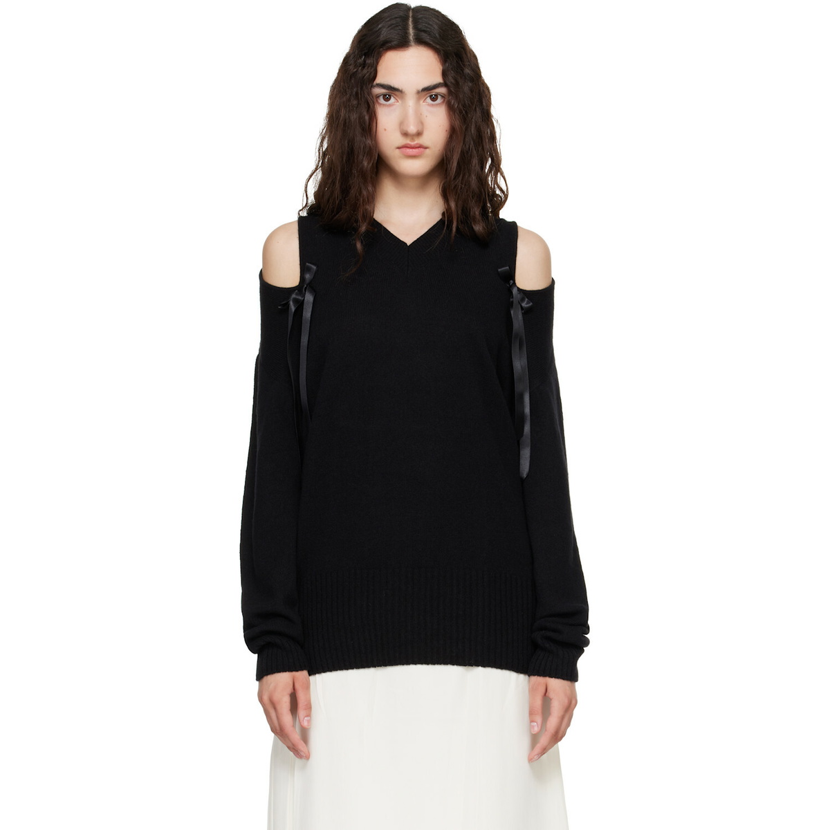 Simone Rocha Black Relaxed Cashmere Slash V-Neck Bow Sweater