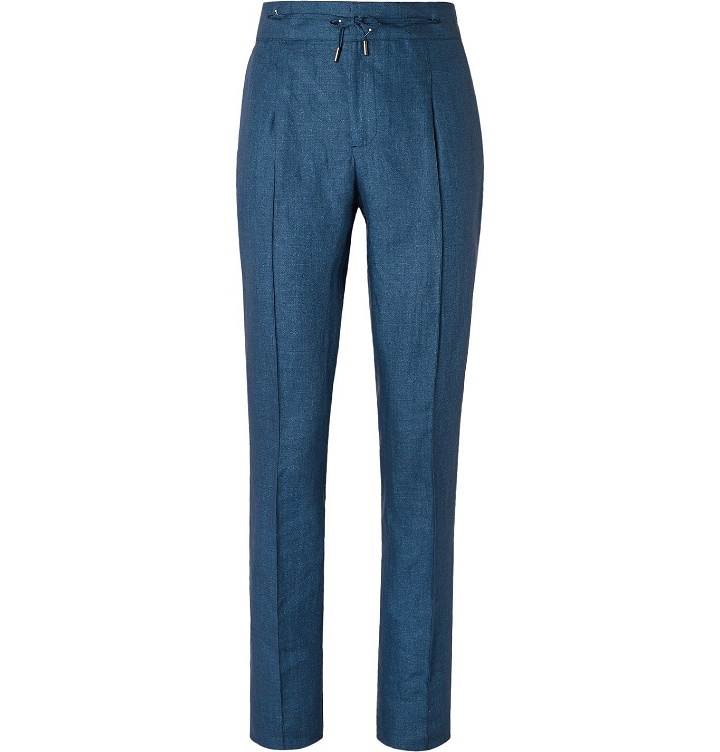 Photo: Isaia - Linen Drawstring Trousers - Blue