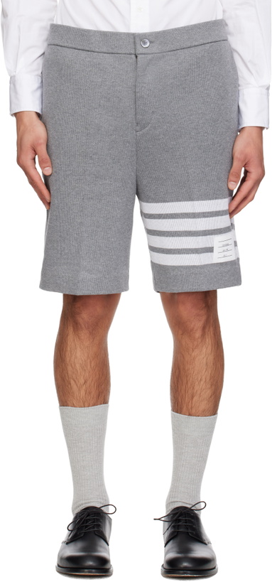 Photo: Thom Browne Gray Double Face Knit 4-Bar Bermuda Shorts