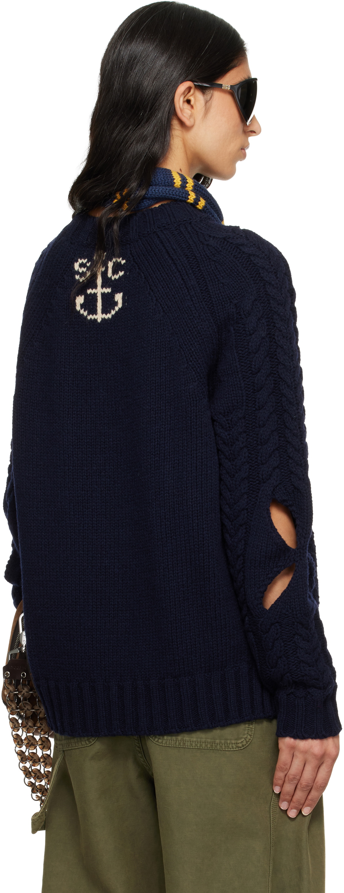 Stefan Cooke Navy Slashed Cable Sweater