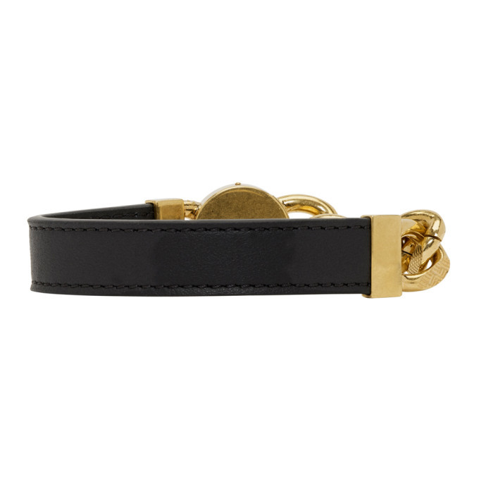Versace Black and Gold Leather Medusa Bracelet Versace