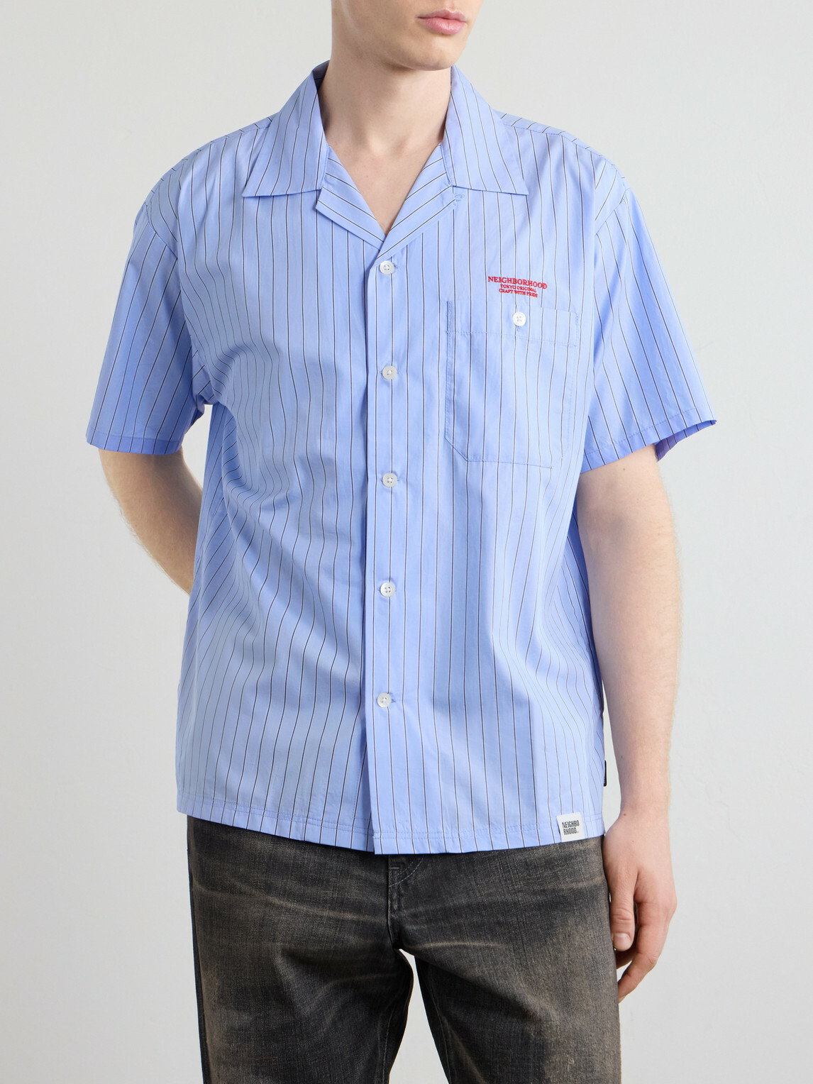 Neighborhood - Camp-Collar Logo-Embroidered Striped Cotton Shirt - Blue
